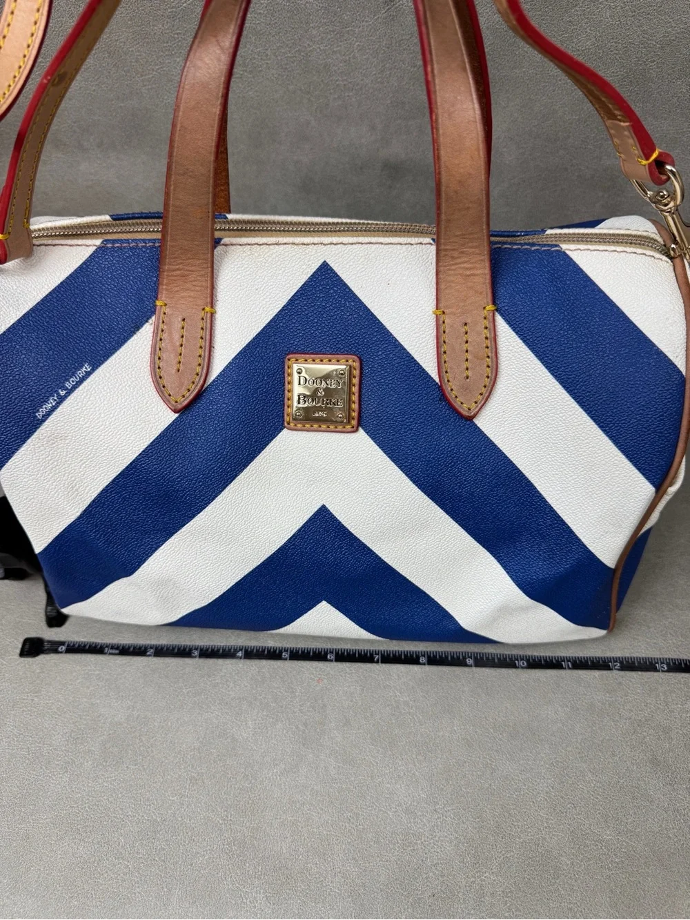 Dooney & Bourke Blue and White Chevron Duffel with Brown Leather Trim